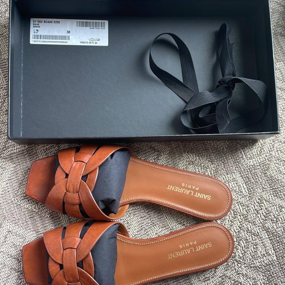 Saint Laurent Brown Leather Woven Slide Sandals - Picture 4 of 6